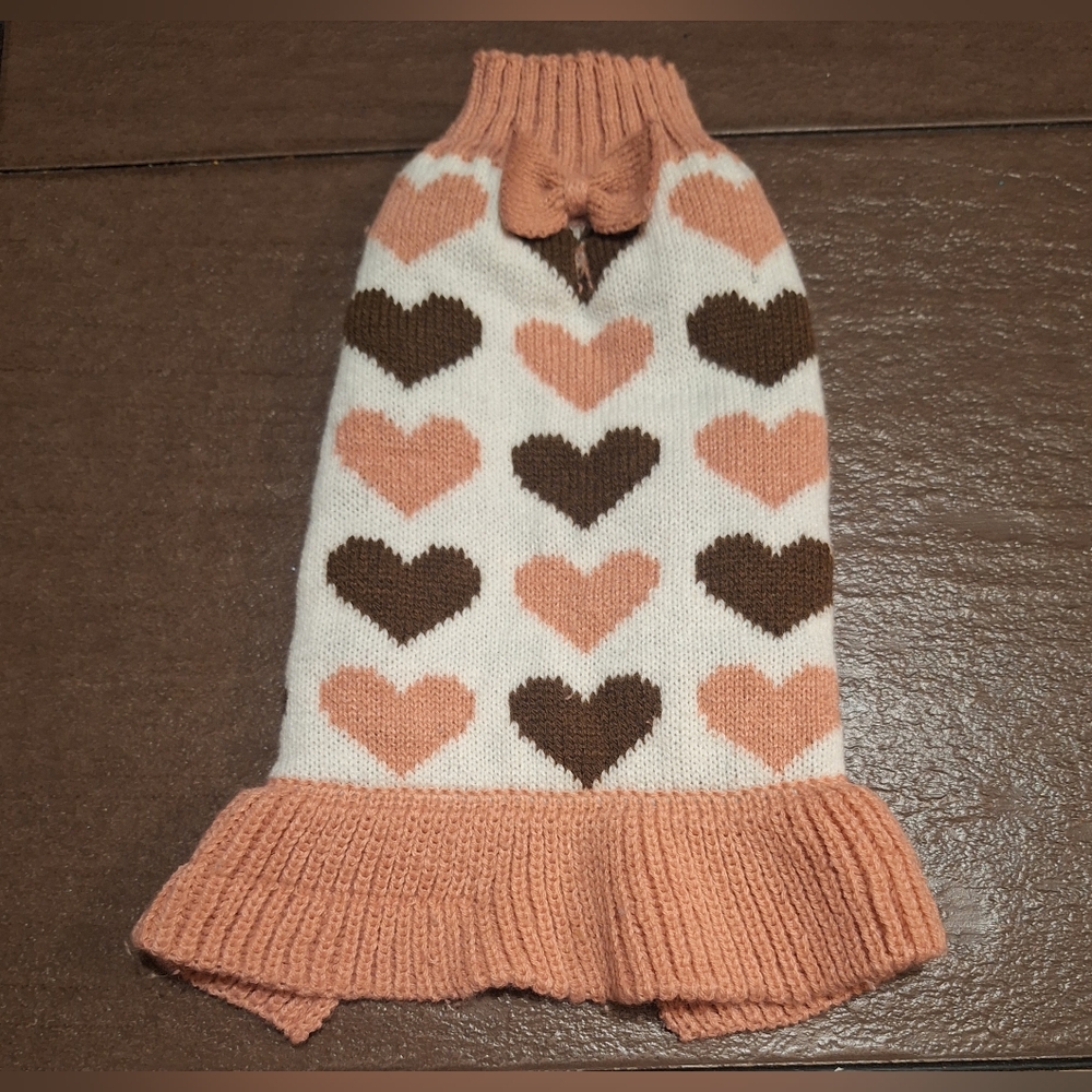 Vibrant Life: Knitted,  Fall Blush Heart Dress with Bow Dog Sweater